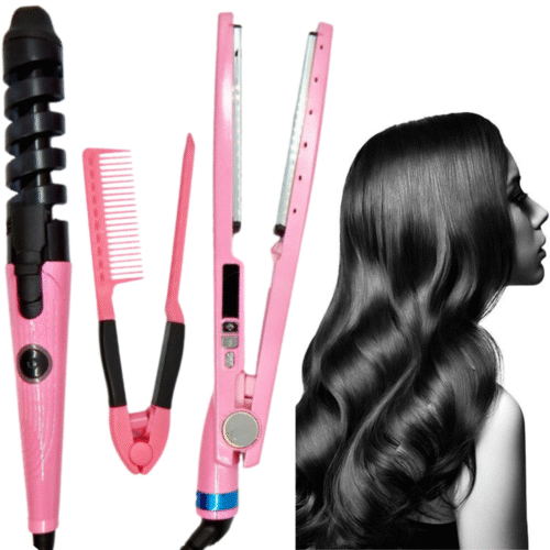 Kit Rosa Plancha 450° + Rizador + Peine Cabello Gama Titanio Pro