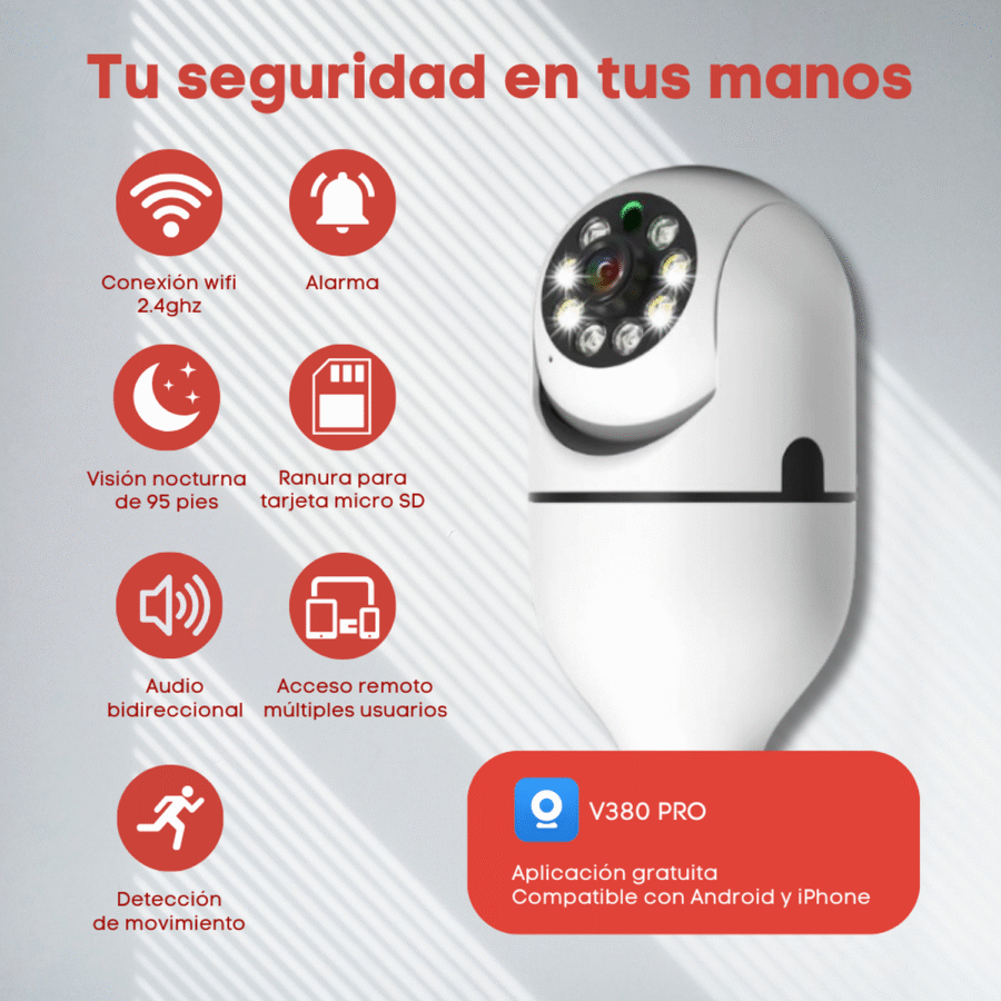 Cámara Vigilancia Foco Wifi Hd Exterior Interior App V380 - Image 3
