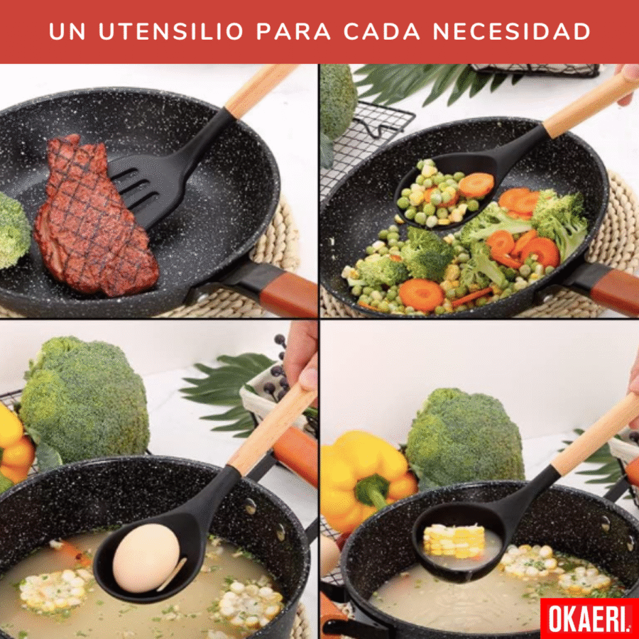 Utensilios Silicona Madera Set 11pzs Negro Cocina Juego Cucharas - Image 2