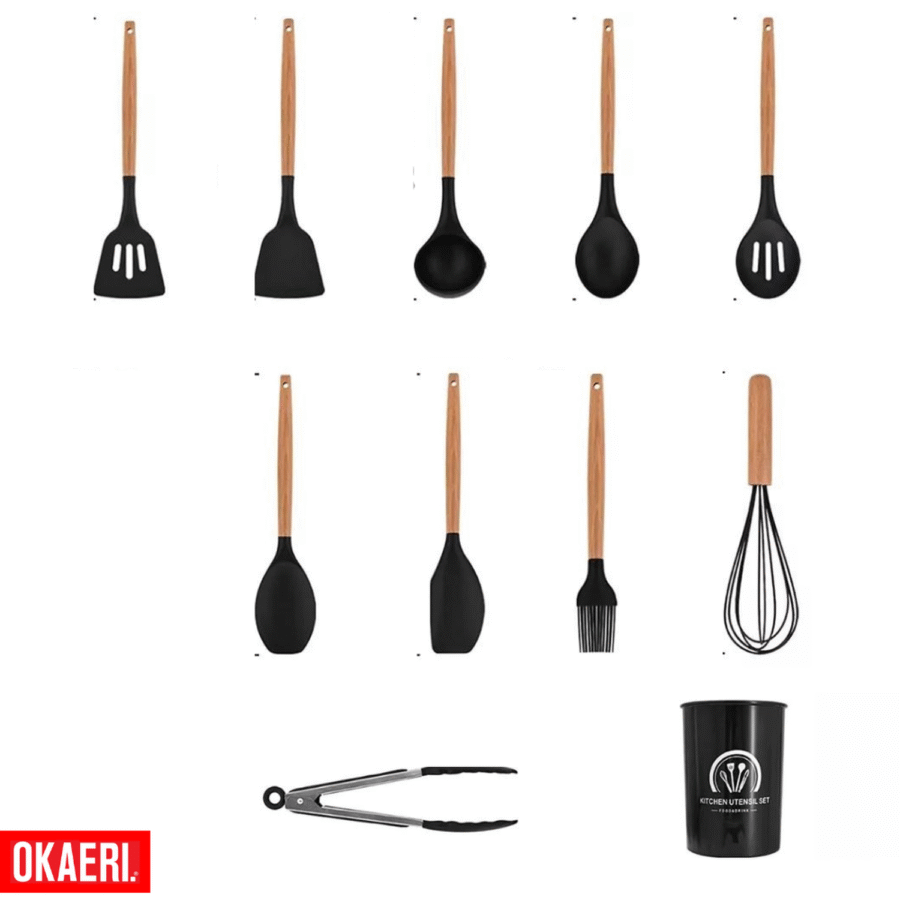 Utensilios Silicona Madera Set 11pzs Negro Cocina Juego Cucharas - Image 4