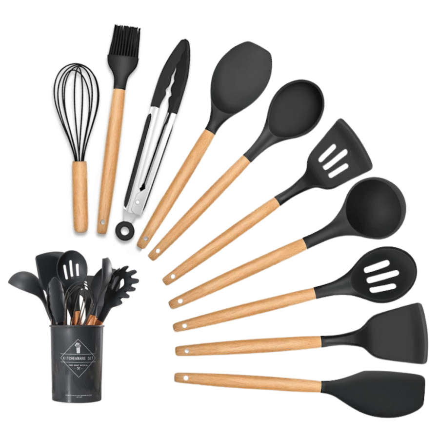 Utensilios Silicona Madera Set 11pzs Negro Cocina Juego Cucharas
