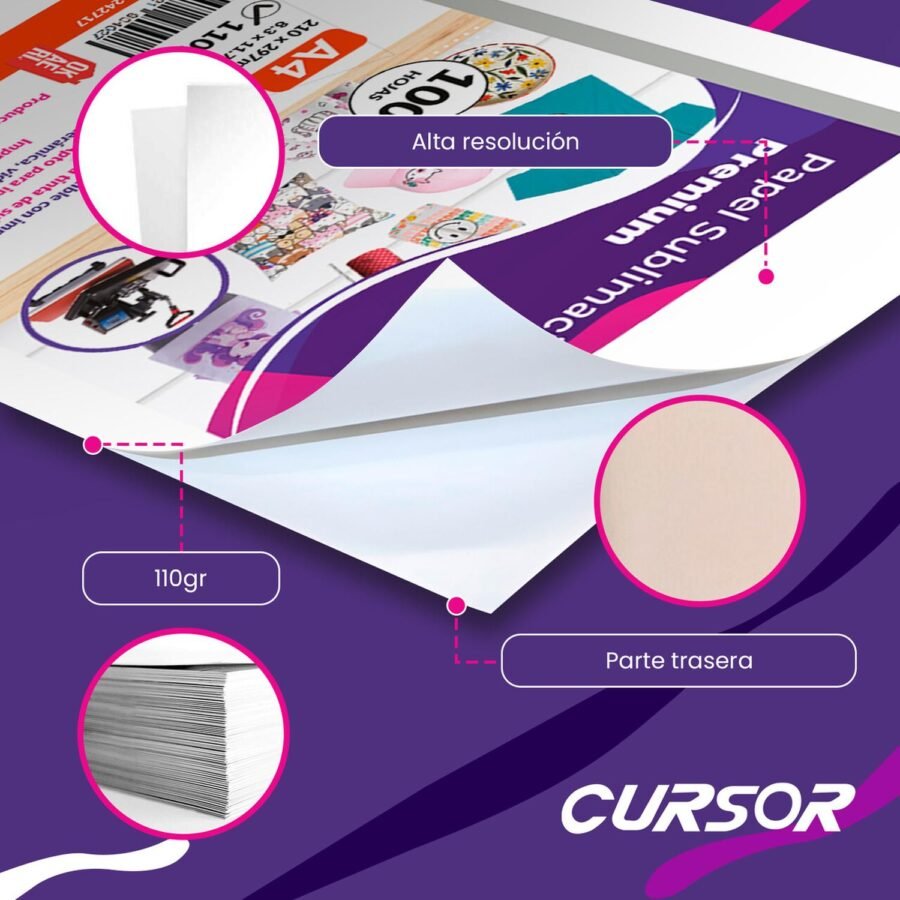 Papel Sublimación CURSOR 100 Hojas A4 Premium Sublimar 110g Secado Rápido - Image 3