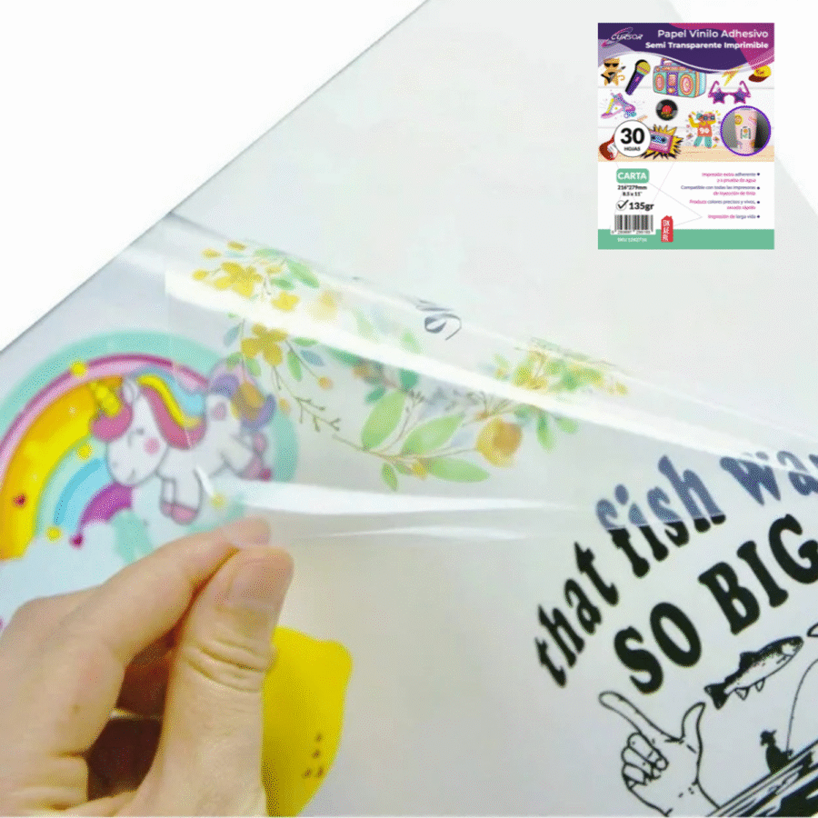 Papel Vinilo Adhesivo Semi Transparente CURSOR 30 Hojas Carta Inkjet