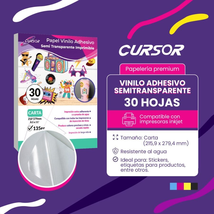 Papel Vinilo Adhesivo Semi Transparente CURSOR 30 Hojas Carta Inkjet - Image 2