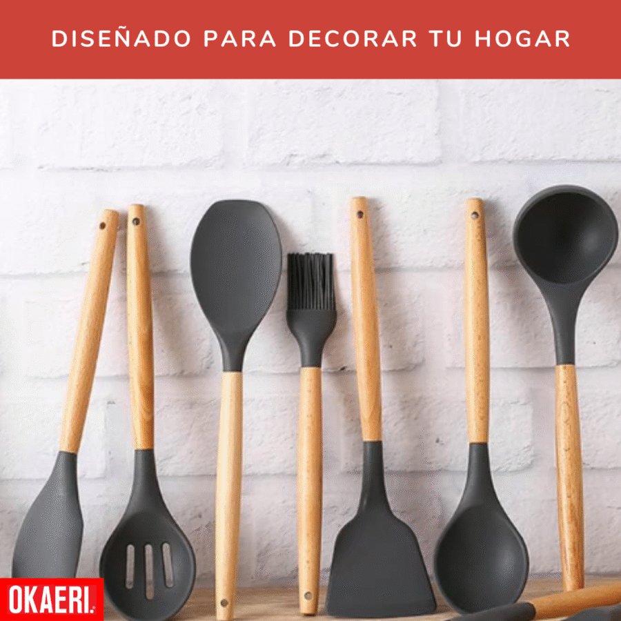 Utensilios Silicona Madera Set 11pzs Negro Cocina Juego Cucharas - Image 5