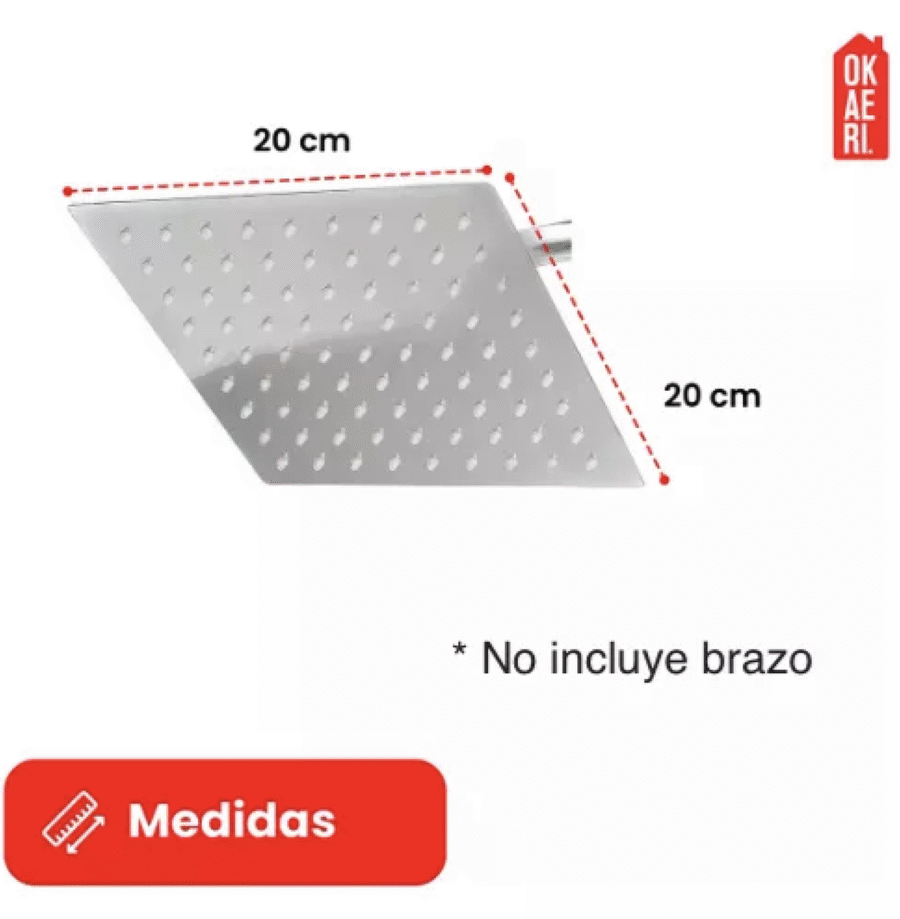 Regadera Cuadrada OKAERI 20x20cm Acero Inox Plateada Baño Ducha - Image 2