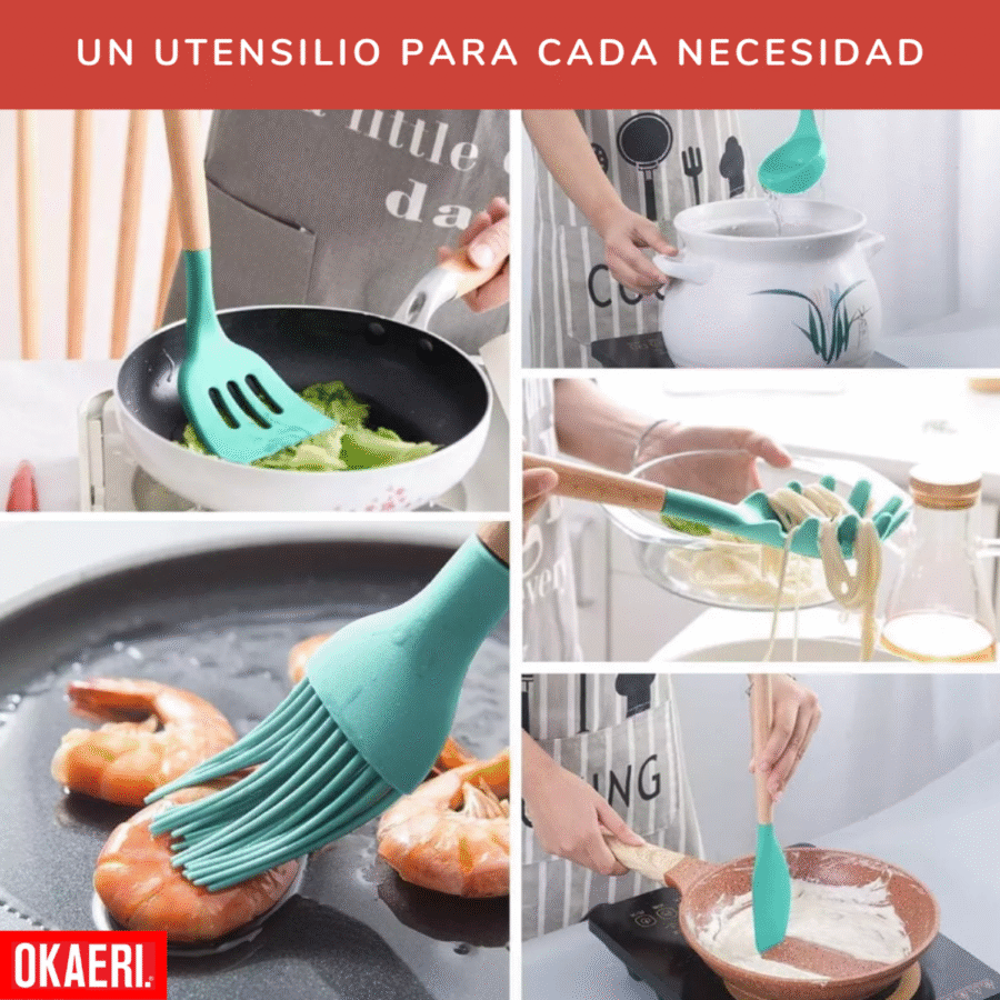 Utensilios Silicona Madera Set Cocina Juego Cucharas +regalo - Image 3