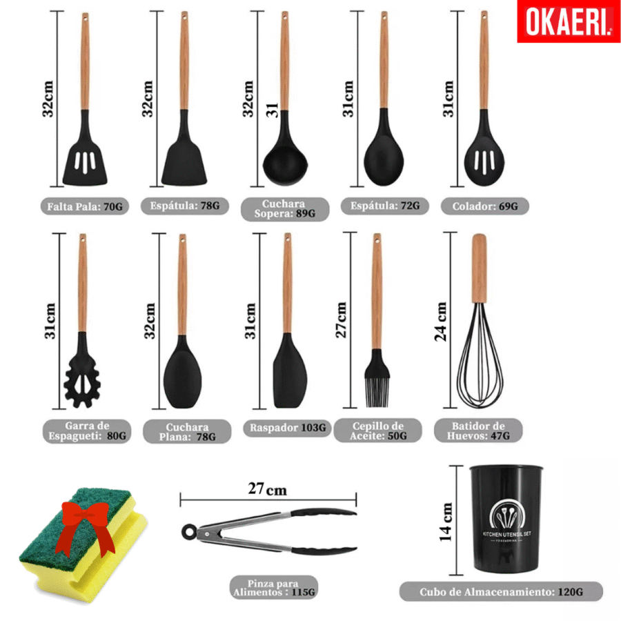 Utensilios Silicona Madera Set Cocina Juego Cucharas +regalo - Image 4