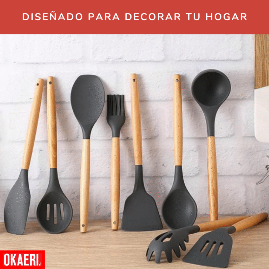 Utensilios Silicona Madera Set Cocina Juego Cucharas +regalo - Image 6
