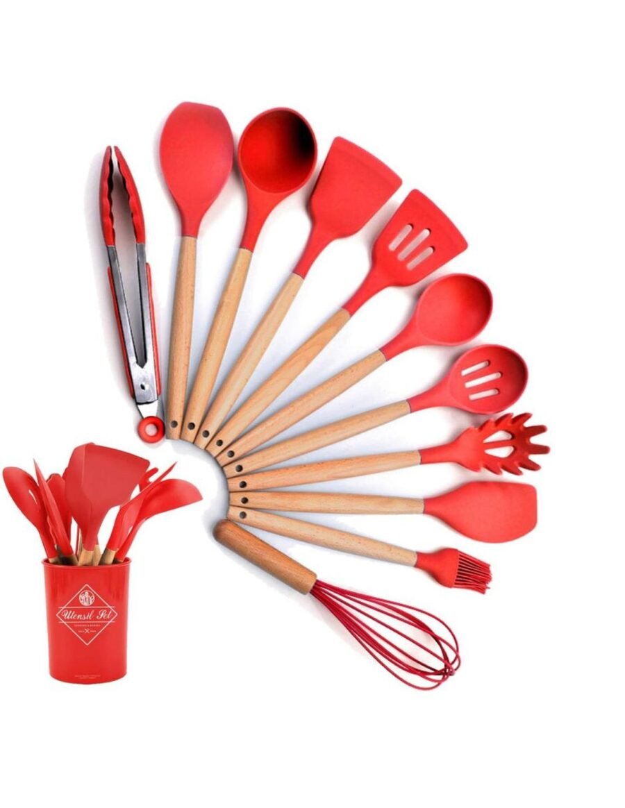 Utensilios Silicona Madera Set Cocina Juego Cucharas +regalo