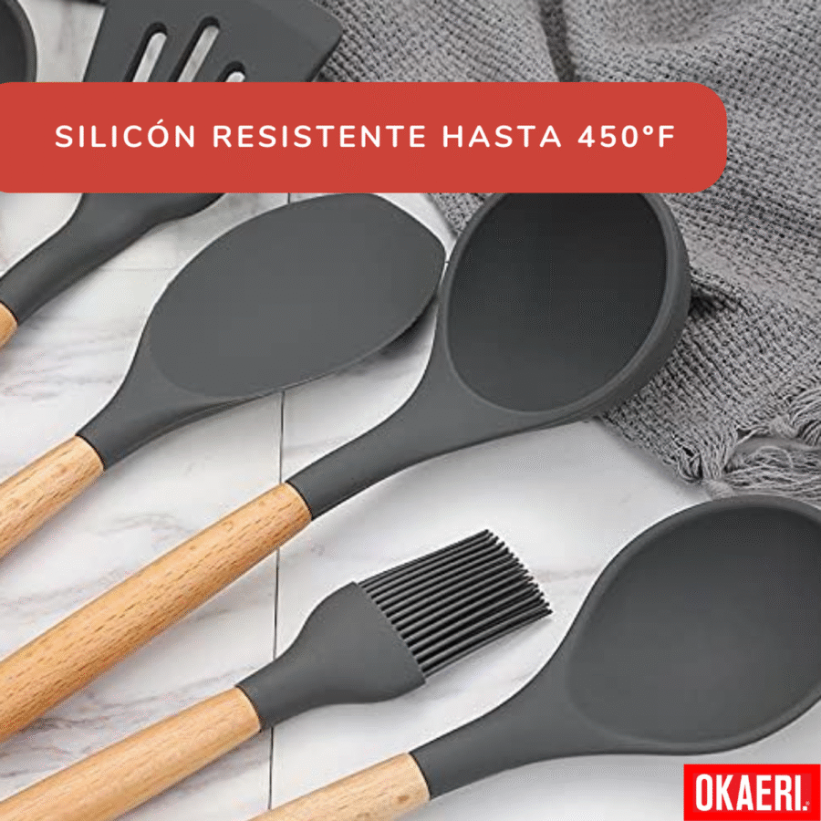 Utensilios Silicona Madera Set Cocina Juego Cucharas +regalo - Image 5