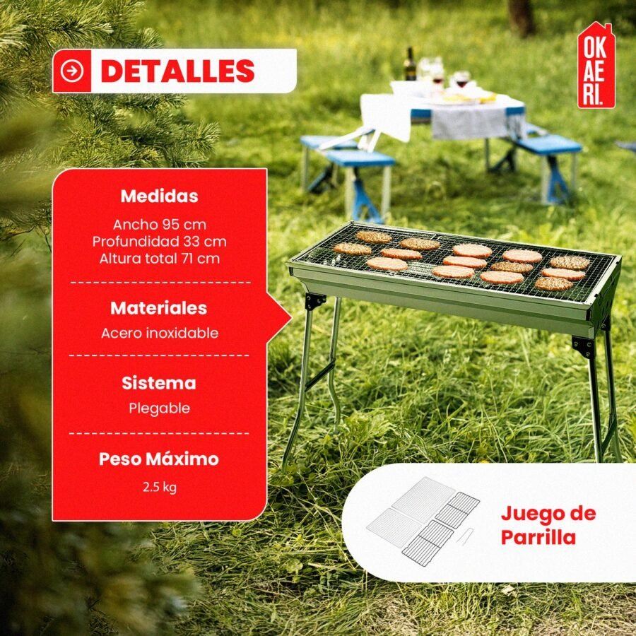 Asador Parrilla Portátil OKAERI Acero Inox Plegable Carbón BBQ Cocina Camping Grill - Image 3