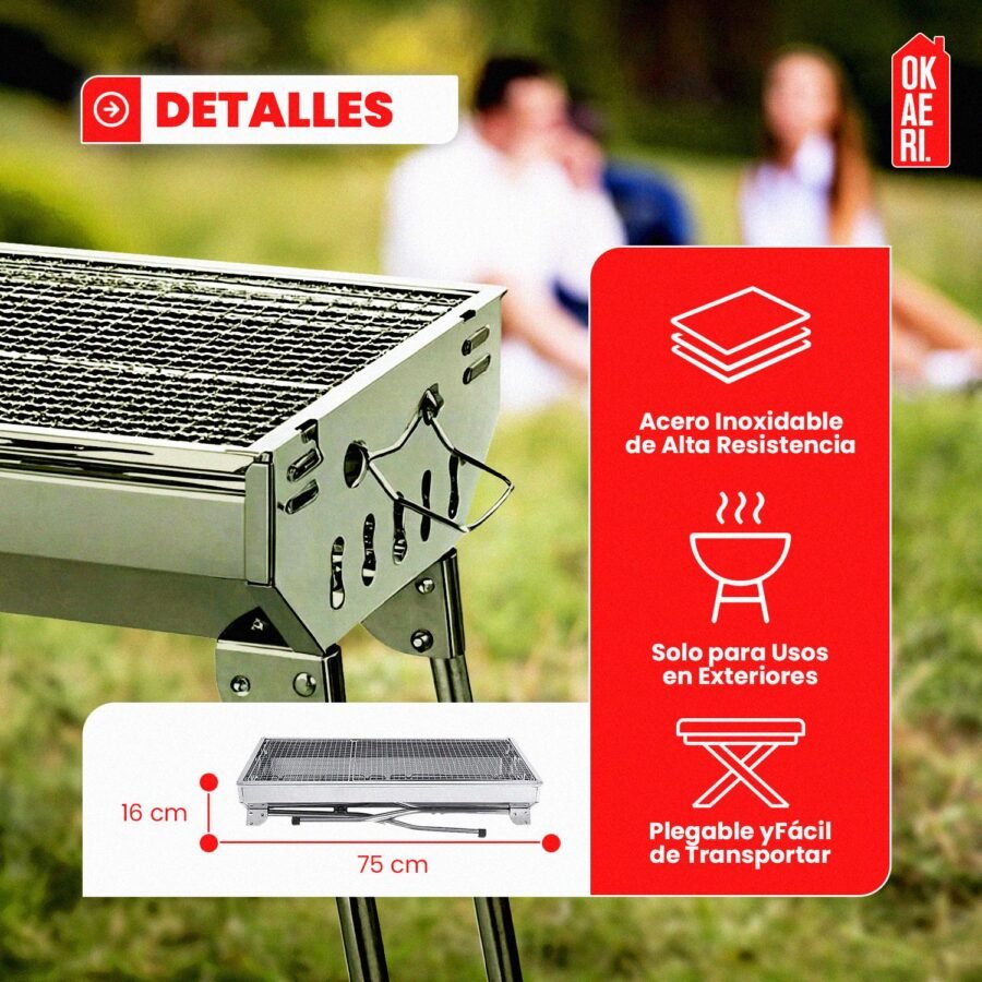 Asador Parrilla Portátil OKAERI Acero Inox Plegable Carbón BBQ Cocina Camping Grill - Image 4