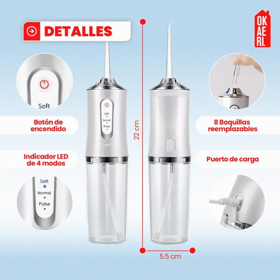Irrigador Bucal OKAERI Limpiador Agua Eléctrico Para Dientes Recargable USB Portátil Con Accesorios - Image 6