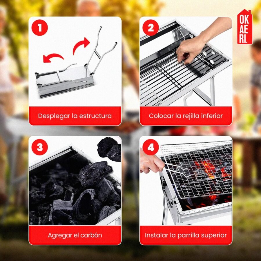 Asador Parrilla Portátil OKAERI Acero Inox Plegable Carbón BBQ Cocina Camping Grill - Image 5