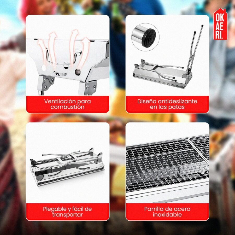 Asador Parrilla Portátil OKAERI Acero Inox Plegable Carbón BBQ Cocina Camping Grill - Image 8