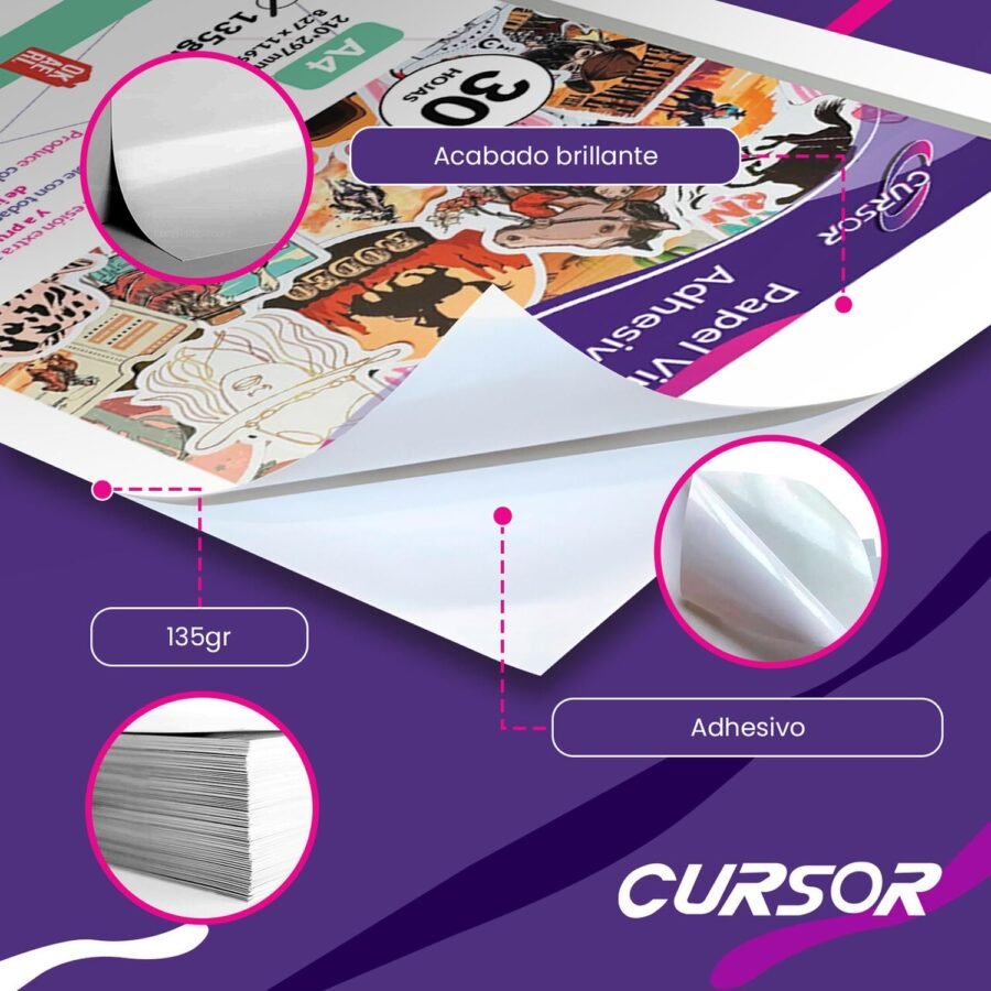 Papel Vinilo Adhesivo Blanco CURSOR 30 Hojas A4 Inkjet - Image 6