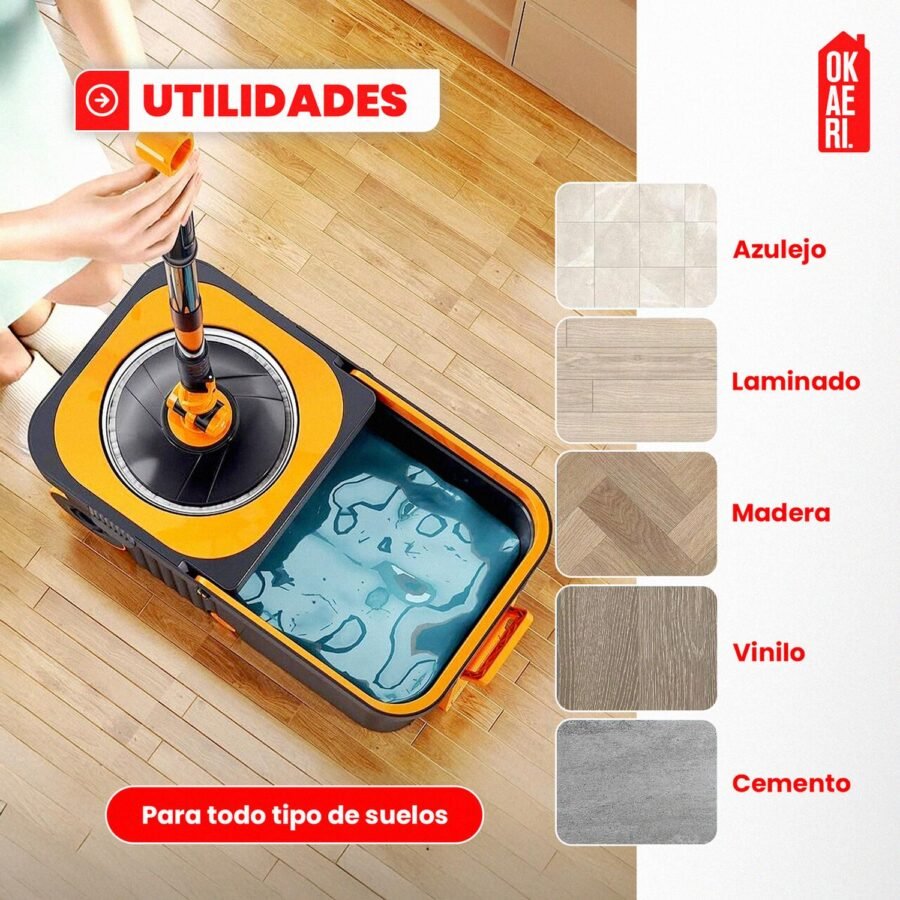 Trapeador Giratorio 360 Con Cubeta OKAERI + 2 Repuestos Microfibra Mop Grande Con Pedal - Image 4