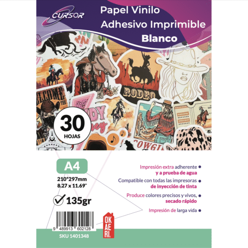 Papel Vinilo Adhesivo Blanco CURSOR 30 Hojas A4 Inkjet