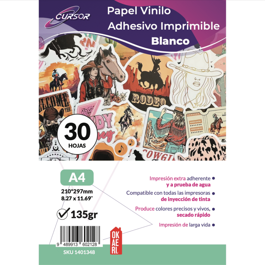 Papel Vinilo Adhesivo Blanco CURSOR 30 Hojas A4 Inkjet
