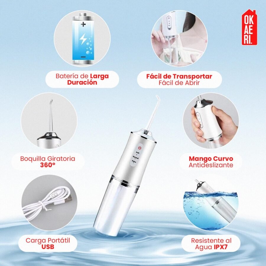 Irrigador Bucal OKAERI Limpiador Agua Eléctrico Para Dientes Recargable USB Portátil Con Accesorios - Image 5