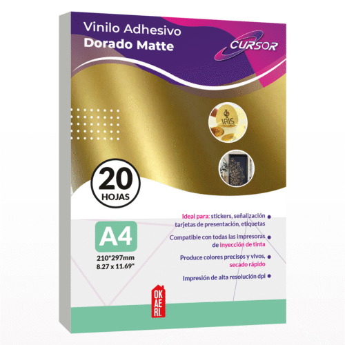 Vinil Adhesivo Dorado Imprimible Mate A4 20 Hojas Inkjet CURSOR