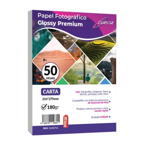 PAPEL FOTOGRAFICO 180g. CURSOR CARTA GLOSSY 50 HOJAS BRILLANTE